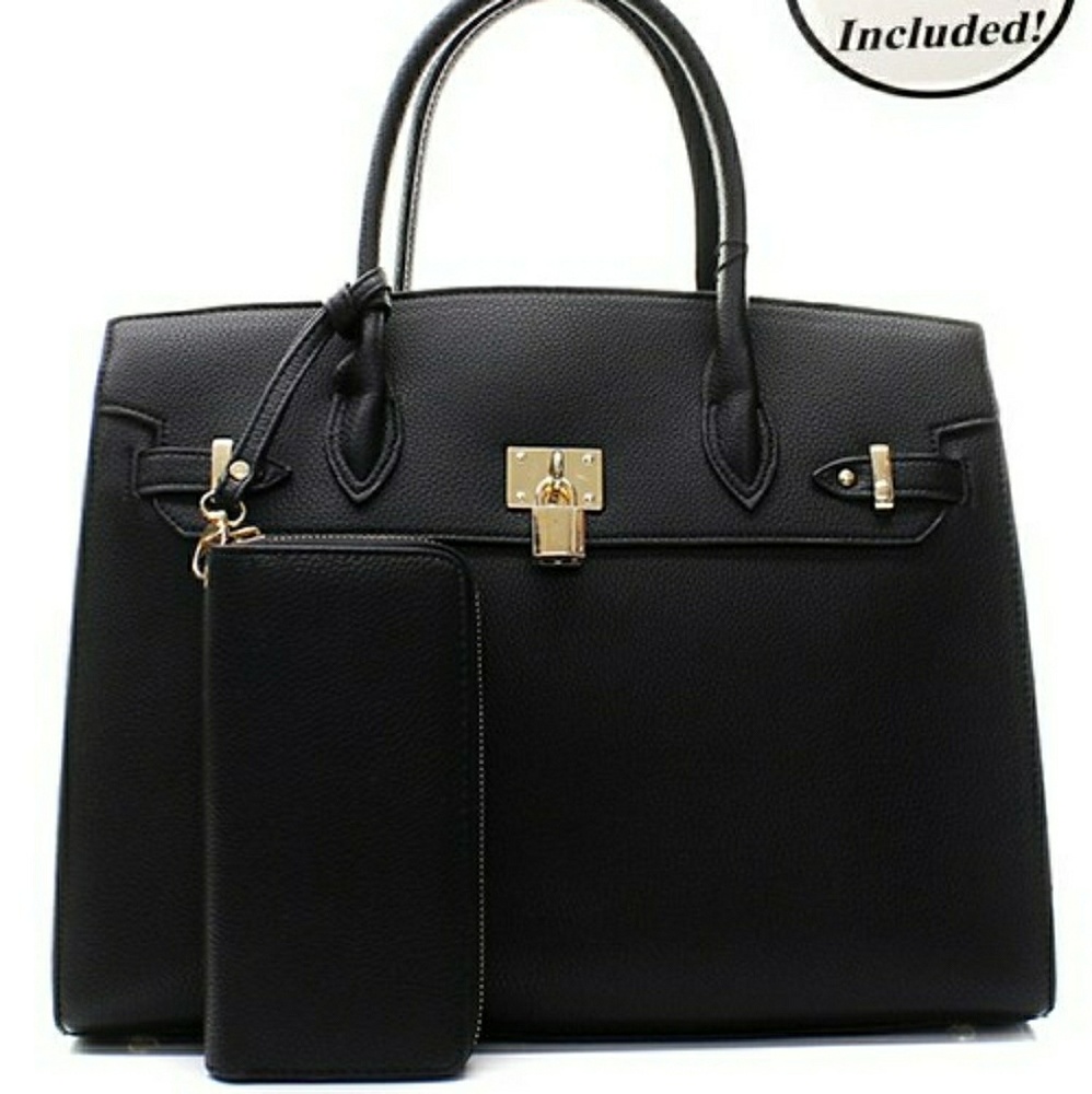 BLACK INSPIRED LEATHER HANDBAG + WALLET! New!